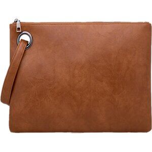 Women's Brown Leather Zipper Trendy Designer Wristlet Elegant Wedding Clutch